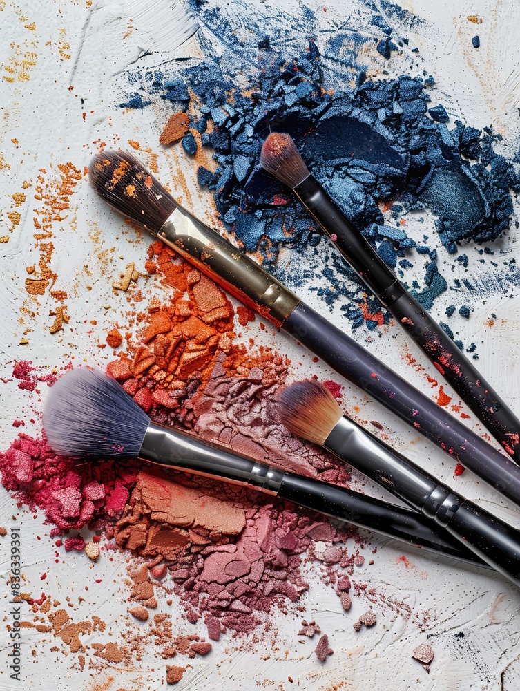 Poster close-up of makeup brushes with eyeshadow and blush on a white background. generative ai