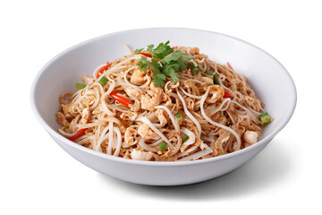 Freshly prepared pad Thai in a white bowl with noodle and vegetable garnish on a transparent, white background, png format