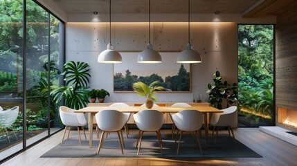 Obraz premium Modern dining room with a large wooden table, white chairs, and a variety of plants. The room has a large glass window that lets in natural light.