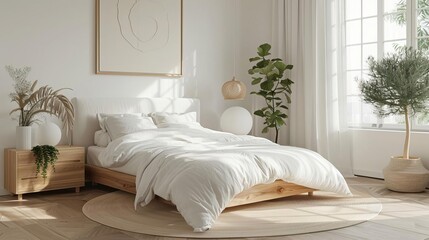 A serene minimalist bedroom with white walls and light oak floors The room features a platform bed with a white upholstered headboard