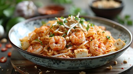 A delicious serving of Pad Thai with stir-fried rice noodles, tofu, and shrimp, topped with bean sprouts and crushed peanuts.