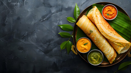 Oversized South Indian Dosa roll and curry leaf with Kerala Sambmedia on Banana Leaf