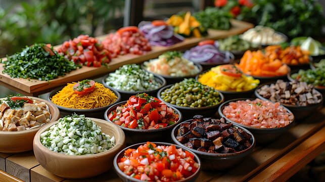 A festive taco bar scene with an array of condiments and fillings laid out for custom taco creation.
