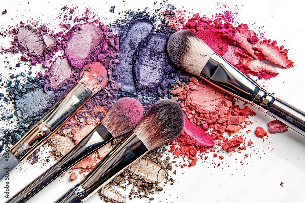 Poster makeup brushes with colorful eyeshadow and blush on a white background. generative ai