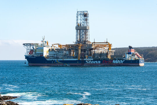 Bay Bulls, Newfoundland, Canada-June 1, 2024: The Stena Drillmax oil rig moored off the coast of Newfoundland. The petroleum driller is a class 3 deep water exploration oil platform drilling rig.