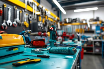 Fototapeta premium Workshop equipment garage master instruments tools tool craft craftsmanship repair service car mechanic business toolbox wrench repairing engineering hammeer manufacturing fix skill wall mount