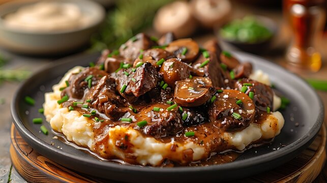 A gourmet presentation of beef stroganoff, featuring tender beef strips in a rich mushroom and sour cream sauce, served over mashed potatoes.