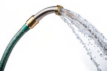 Water flowing from a green garden hose - A close-up of water gushing out from a flexible green garden hose with a brass connector on a white background