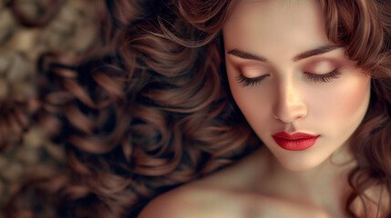 Fototapeta premium The face of a beautiful woman in close-up. Beautiful make-up of the model. A gorgeous lady with her eyes closed, perfect skin.