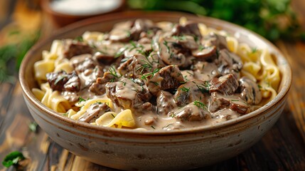 A hearty bowl of beef stroganoff, featuring sautéed beef strips in a creamy mushroom sauce, served over buttered noodles.