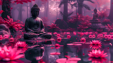 Serene Buddha Statue Amidst Blooming Lotus Flowers: A Tranquil Scene Capturing Spiritual Harmony, Peaceful Reflection, and Natural Beauty in a Mystical Water Garden Wallpaper Digital Art Poster 
