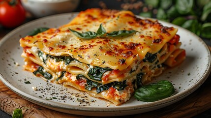 A plate of lasagna with layers of pasta, spinach, ricotta, and tomato sauce, topped with melted mozzarella and garnished with basil leaves.