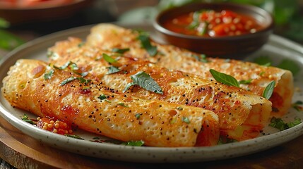 A plate of masala dosa with a side of tomato chutney, garnished with curry leaves and mustard seeds.