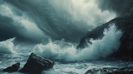 Stormy ocean waves crashing violently against a rocky shore under dark, turbulent clouds. 8k, realistic, full ultra HD, high resolution and cinematic photography - Powered by Adobe