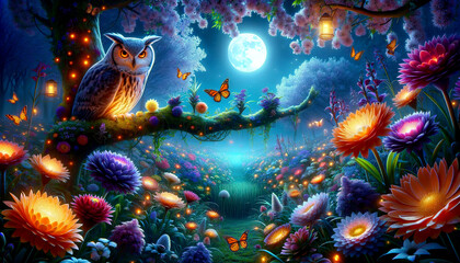 Fantastic garden with flowers 17. An owl sits on a tree branch in a garden with flowers illuminated by mystical mysterious light at night under the moonlight