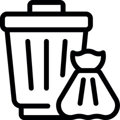 Black and white line art of a trash bin and a tied garbage bag, representing waste disposal