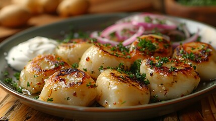 A rustic serving of pierogi, featuring golden-brown dumplings filled with savory potatoes and...