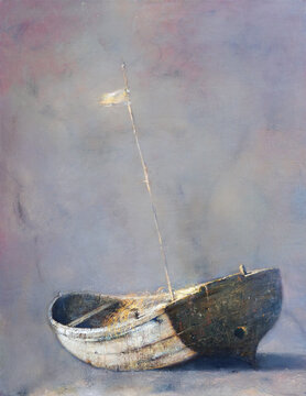 Original oil painting on canvas of the wooden sailing boat with white flaf
