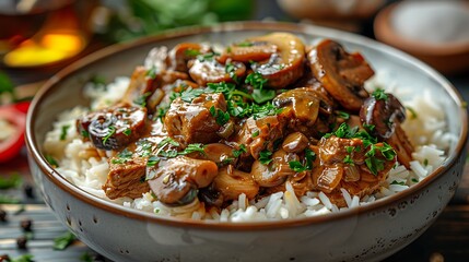 A traditional beef stroganoff with tender beef, mushrooms, and onions in a creamy sauce, served over a bed of fluffy white rice.