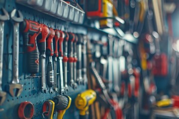 Fototapeta premium Workshop equipment garage master instruments tools tool craft craftsmanship repair service car mechanic business toolbox wrench repairing engineering hammeer manufacturing fix skill wall mount