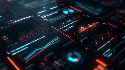 Futuristic Digital Interface, Abstract Background. Technology, Business, Finance, Science. High Tech Holographic Virtual Display, Intuitive User Experience, Data Analysis, Innovation, Work, Success