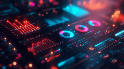 Futuristic Digital Interface, Abstract Background. Technology, Business, Finance, Science. High Tech Holographic Virtual Display, Intuitive User Experience, Data Analysis, Innovation, Work, Success