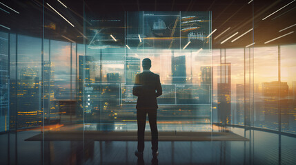 Man stands in spacious room with city view