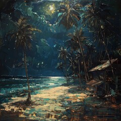 Nighttime tropical beach with moonlight reflecting on water and palm trees under a starry sky