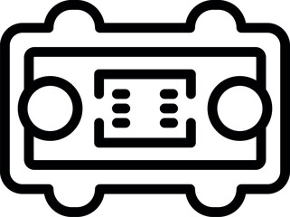Black and white line art icon of a portable radio with speaker, antenna, and control buttons