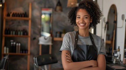 Portrait of a confident young african american female hairdresser in an apron standing next to a salon chair