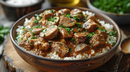 An artistic presentation of beef stroganoff, with tender beef, mushrooms, and onions in a rich sour cream sauce, served over a bed of rice.