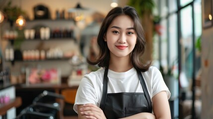 Portrait of a confident young Asian female hairdresser in an apron standing next to a salon chair