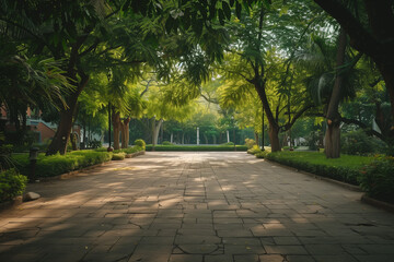 Fototapeta premium an empty square floor surrounded by lush greenery, capturing the serene natural scenery of a city park