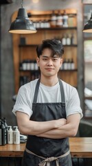 Obraz premium Portrait of a confident young asian male hairdresser in an apron standing next to a salon chair