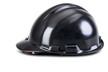 A professional black safety helmet suitable for construction sites, shown on a transparent, white background in png format