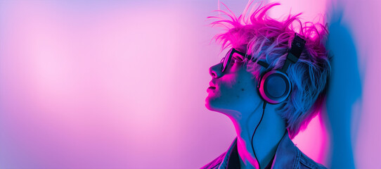 A young man with a pair of headphones on his head and sunglasses on his face. Inspired minimalist graphic, at the corner, young boy wear google and headphone with spiky neon pink hair