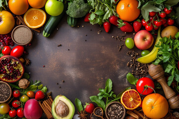 Fruits and vegetables food background spices ingredients banner from above fruit


