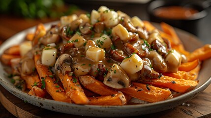 An overhead shot of gourmet poutine, showcasing sweet potato fries topped with creamy cheese curds and a luxurious mushroom gravy.