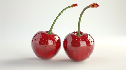 a sweet red cherry pair with green stems and a glossy finish on a white background