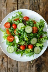 Fresh and Colorful Summer Salad with Tomatoes, Cucumbers, and Greens on a White Plate.