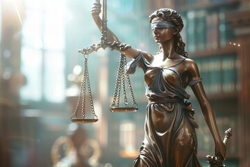 Lady justice with scales standing in front of a law library