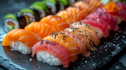 A beautifully arranged sushi platter, featuring tuna sashimi, salmon nigiri, and avocado rolls, presented on a black stone plate.