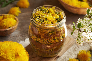 Preparation of dandelion syrup from fresh yellow flowers and brown sugar