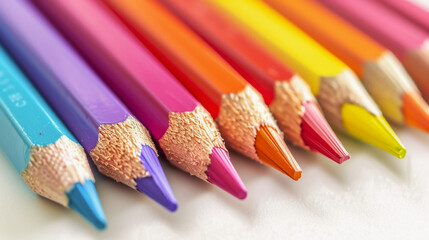 Fototapeta premium Neat Arrangement of Colored Pencils, Vibrant Crayon Leads Close-Up. Art Supplies, Drawing Tools, . Idea, Creativity, Imagination. Class, School, Education, Hobby. Sketching, Learning, Self Expression