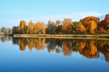 Serene Autumn Reflections on Calm Lake with Copyspace, Nature Landscape Background