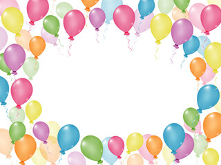 Celebration background with flying helium сolorful balloons and ribbons on transparent background. Concept of party and happy birthday holiday.