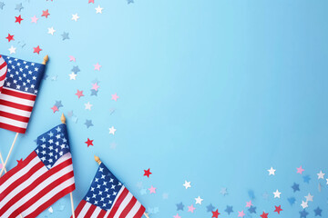 Obraz premium Happy Independence Day, 4th of July greeting card with American flags and confetti stars on blue background. Happy July Fourth concept