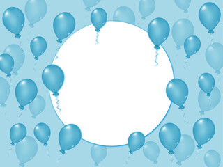 Blue  elegant, aesthetic, stylish backgrounds with balloons and ribbons. Holiday decoration.  Beautiful banner with balloons for Birthday and celebration. Blank free space on the paper banner. 