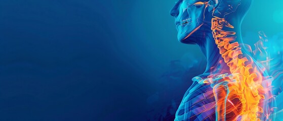 Bluethemed banner with shoulder AP xray, joint pain illustration, medical diagnostics