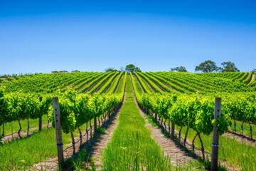 Fototapeta premium Serene Vineyard Landscape with Lush Grapevines and Blue Sky Copyspace